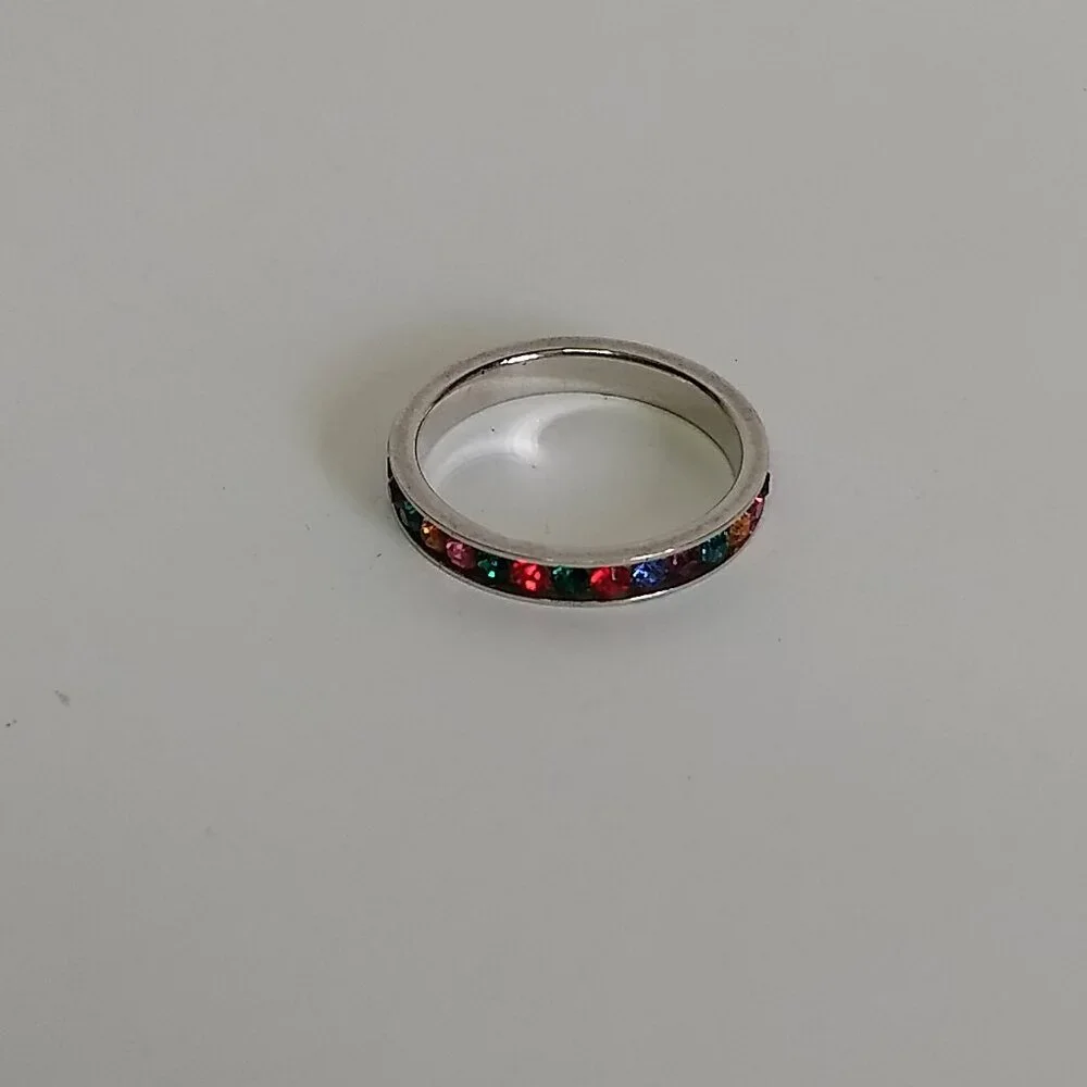 Silver Tone Multicolor Rainbow Stone Ring Band Marked ATI Taiwan Size 8 Colorful